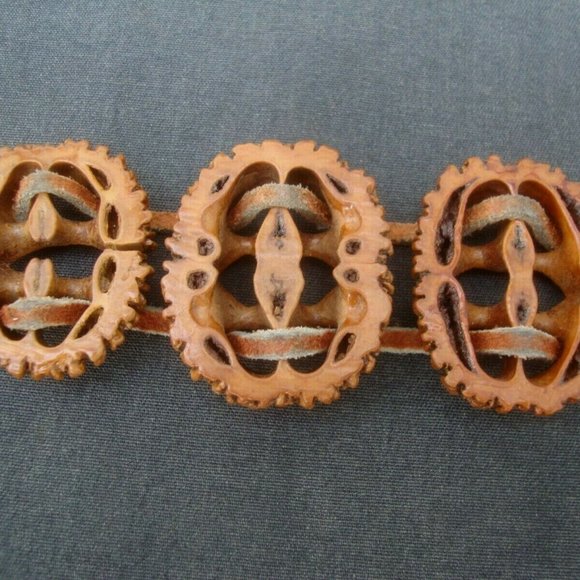 Vintage Leather Woven Wood Black Walnut Shells Tie Belt Hippie Boho Head Band main image 6